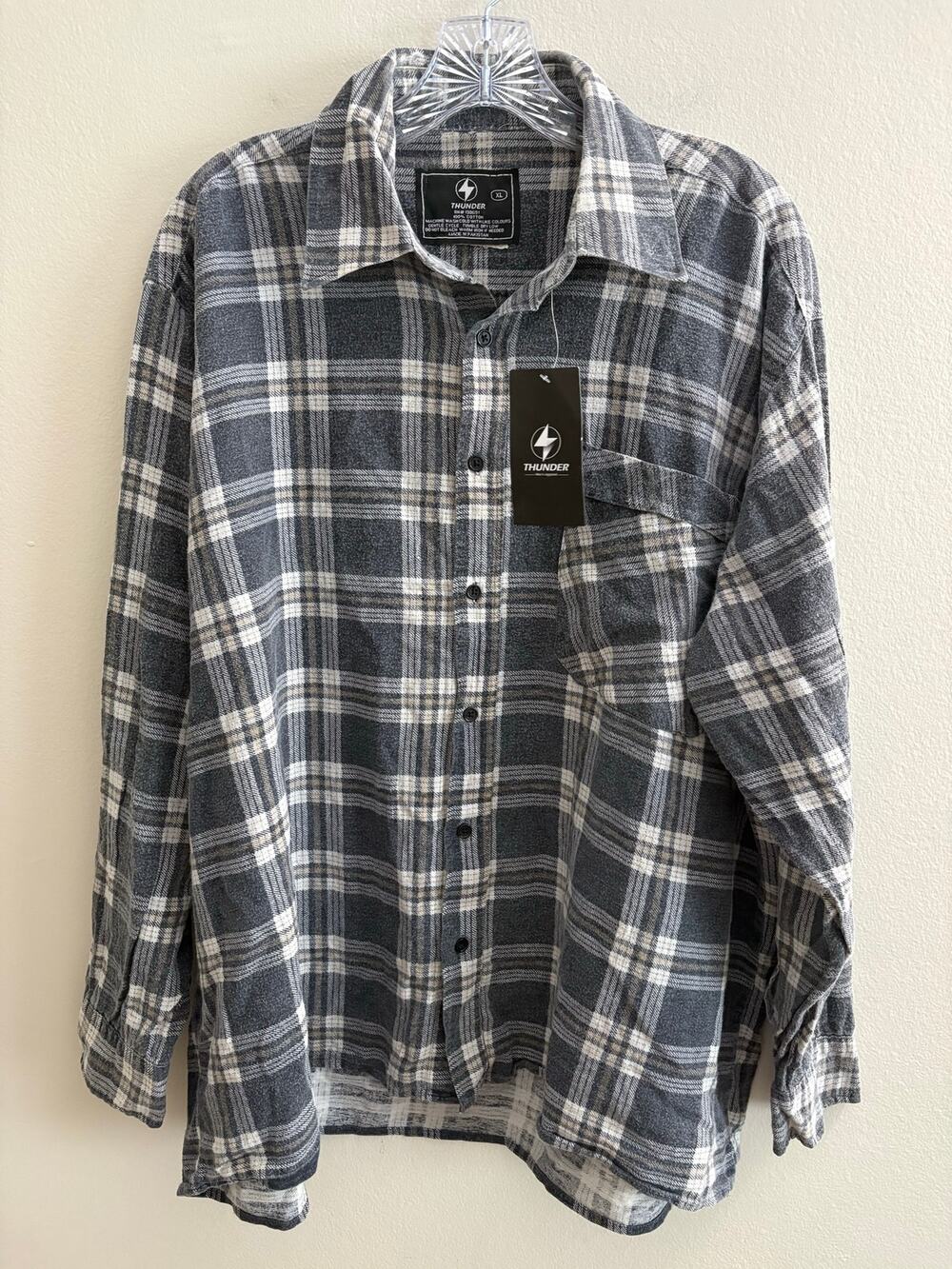 NWT Thunder Men XL Gray Plaid Flannel Shirt 100% Cotton Long Sleeve Casual